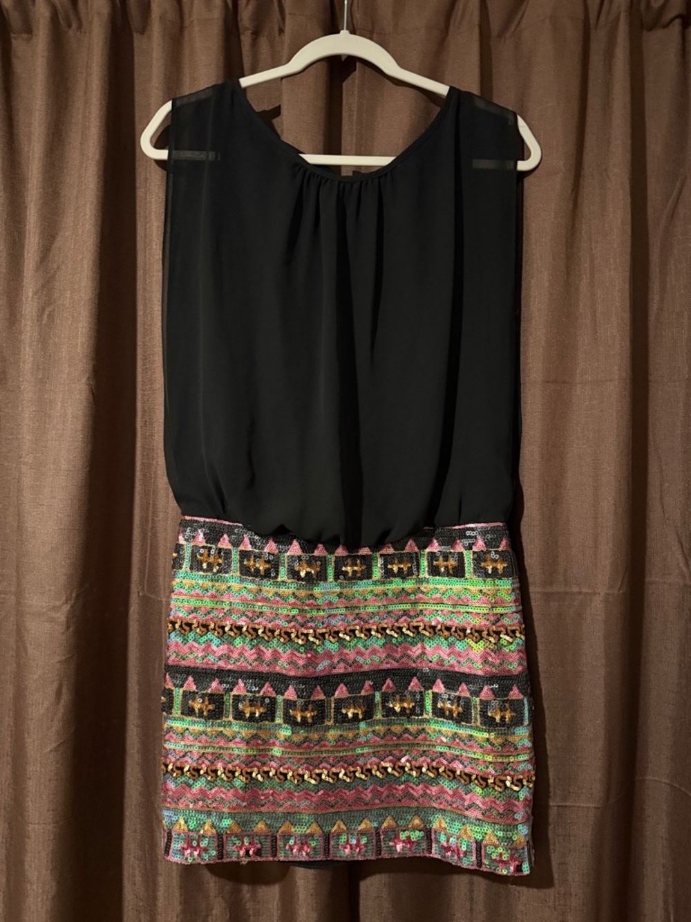 Aidan Mattox Black Blouson Top Mini Dress with Multicolor Embellished Skirt